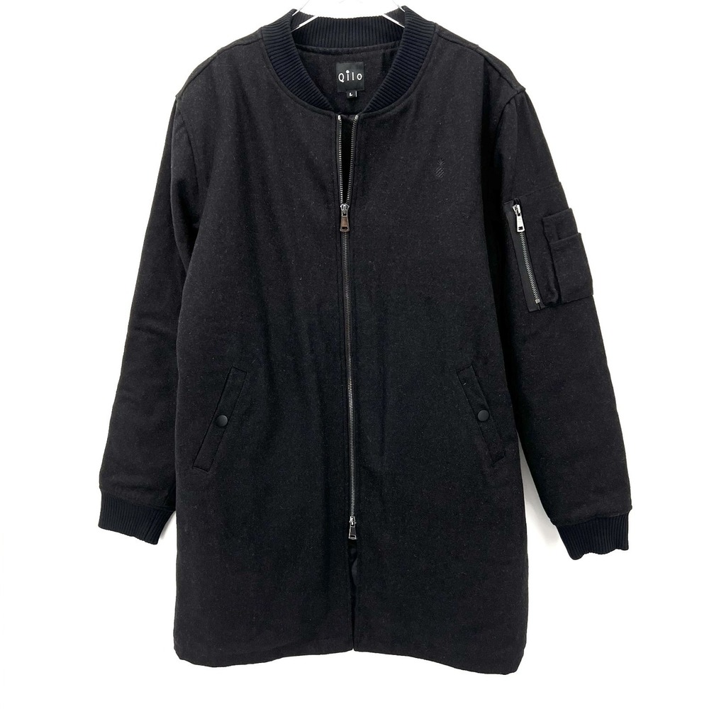 Qilo Tactical Long Bomber Jacket Size L Wool Blend Zip UP Coat Black Quilt Lined